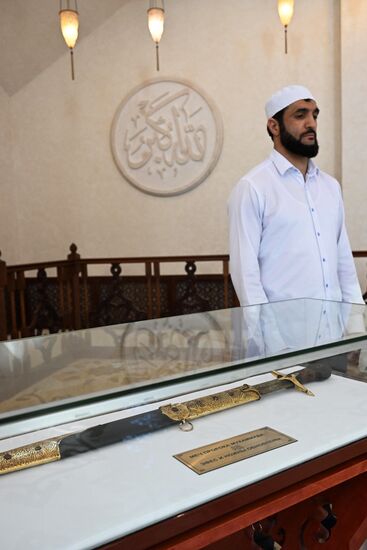 The sword of the Prophet Muhammad, presented at the exhibition of relics of the Prophet Muhammad in the museum and exhibition complex "Memorial sign in honor of the adoption of Islam by the Volga Bulgars in 922" at the Izge Bolgar Zhyeny Festival held as part of the 14th International Economic Forum Russia - Islamic World: KAZANFORUM. Photos can be used on terms listed in the media-bank's Forum section. Location: Russia, Republic of Tatarstan, Bolgar. Author: Maksim Bogodvid/ANO “Directorate for Sports and Social Projects”. KAZANFORUM 2023. Izge Bolgar Zhyeny Festival