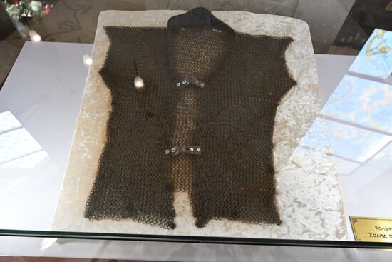 The hauberk of Khaled Ashab on display at an exhibition featuring relics of Prophet Muhammad at the Museum-Exhibition Complex Monument Marking the Adoption of Islam by the Volga Bulgars in 922 during the Izge Bolgar Zhyeny Festival, part of the 14th International Economic Forum RUSSIA — ISLAMIC WORLD: KAZANFORUM. Photos can be used in line with terms listed in the media bank's Forum section. Location: Russia, Republic of Tatarstan, Bolgar. Author: Maksim Bogodvid/ANO “Directorate for Sports and Social Projects”. KAZANFORUM 2023. Izge Bolgar Zhyeny Festival
