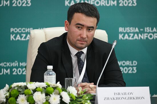 Zhakhongirkon Israilov at a press conference on international cooperation of Russian universities with Kazakhstan and Uzbekistan held as part of the 14th International Economic Forum Russia - Islamic World: KAZANFORUM. Photos can be used on terms listed in the media-bank's Forum section. Location: Russia, Republic of Tatarstan, Kazan. Author: Ramil Sitdikov/ANO “Directorate for Sports and Social Projects”. KAZANFORUM 2023. Press conference on international cooperation of Russian universities with Kazakhstan and Uzbekistan