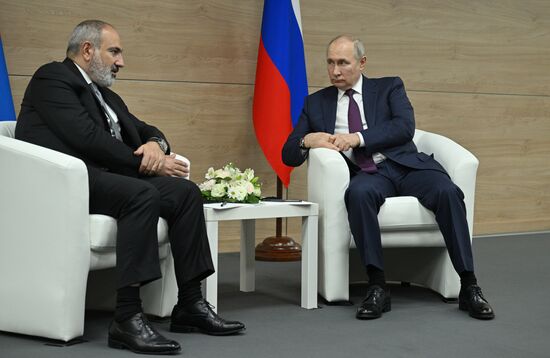 Russian President Vladimir Putin meets with Armenian Prime Minister Nikol Pashinyan in Sochi, Russia. Location: Russia, Federal territory 'Sirius'. Author: Ramil Sitdikov/Sputnik. Russia Armenia