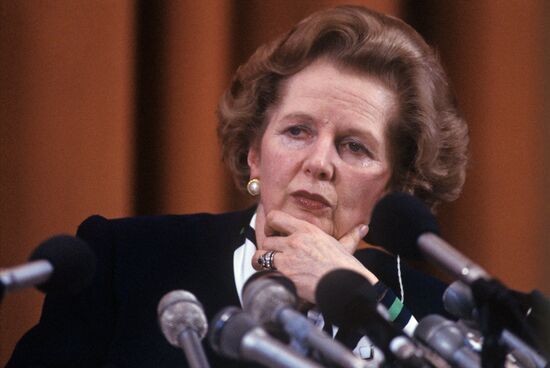Margaret Thatcher at news conference at press center of USSR Foreign Ministry