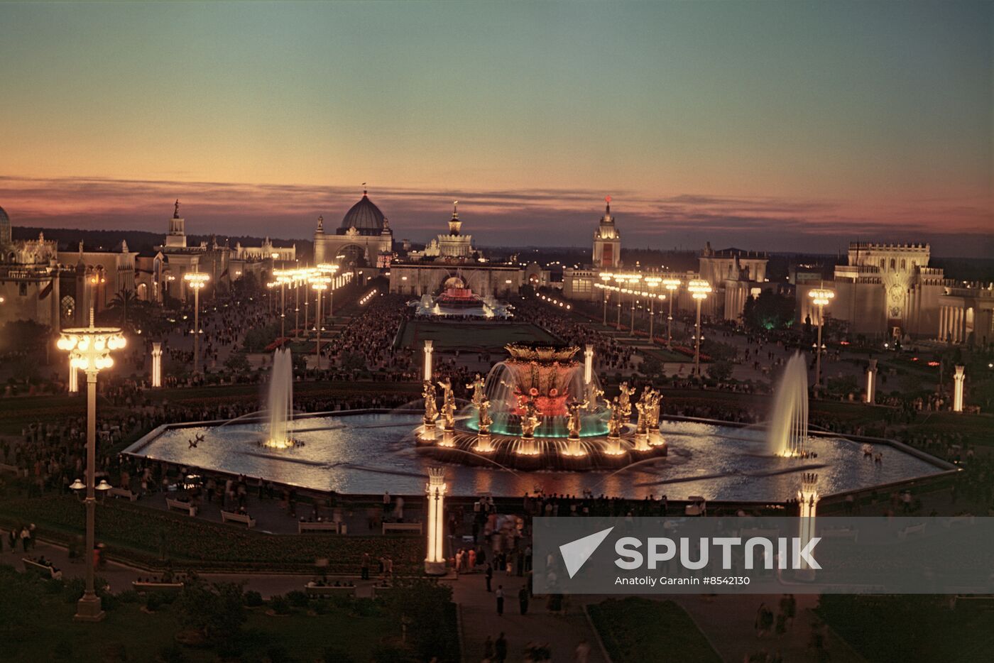 All-Union Agricultural Fair illuminated at night