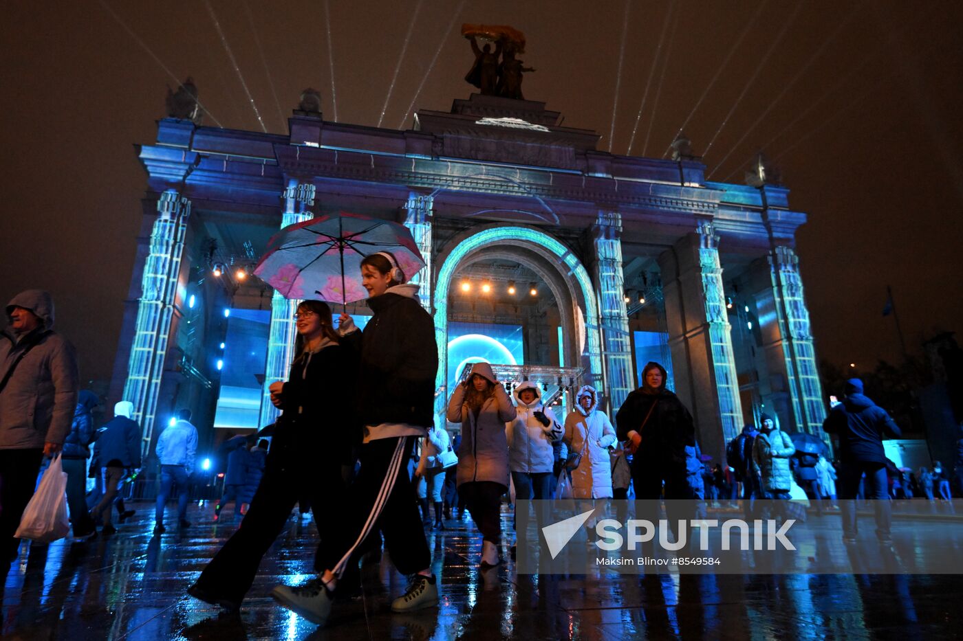 International RUSSIA EXPO Forum and Exhibition. VDNKh illuminated for opening ceremony