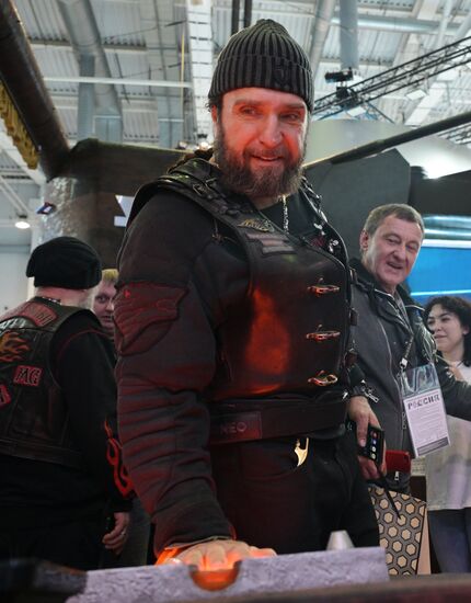 RUSSIA EXPO. Night Wolves bikers' club president Alexander 'Surgeon' Zaldastanov. Location: Russia, Moscow. Author: Vladimir Astapkovich/Sputnik. Night Wolves bikers' club president Alexander 'Surgeon' Zaldastanov visits RUSSIA EXPO