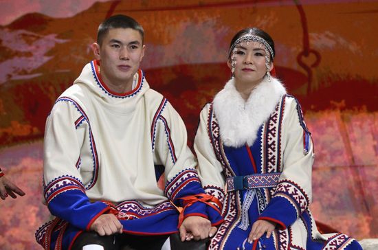 The International RUSSIA EXPO Exhibition and Forum. Alexander Khudi and Ilona Okotetto are holding a wedding ceremony according to traditions of the Yamalo-Nenets Autonomous Area on its day. Location: Russia, Moscow. Author: Kirill Zykov/Sputnik. RUSSIA EXPO. Yamal-Nenets Autonomous Area Day