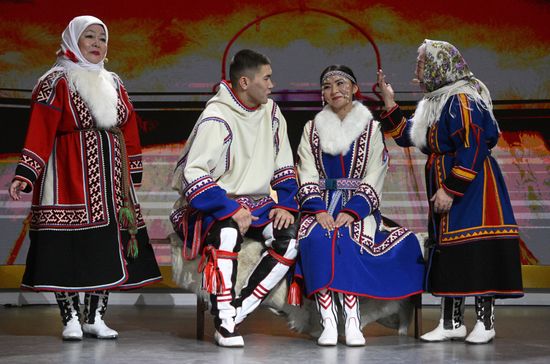 The International RUSSIA EXPO Exhibition and Forum. Alexander Khudi and Ilona Okotetto are holding a wedding ceremony according to traditions of the Yamalo-Nenets Autonomous Area on its day. Location: Russia, Moscow. Author: Kirill Zykov/Sputnik. RUSSIA EXPO. Yamal-Nenets Autonomous Area Day