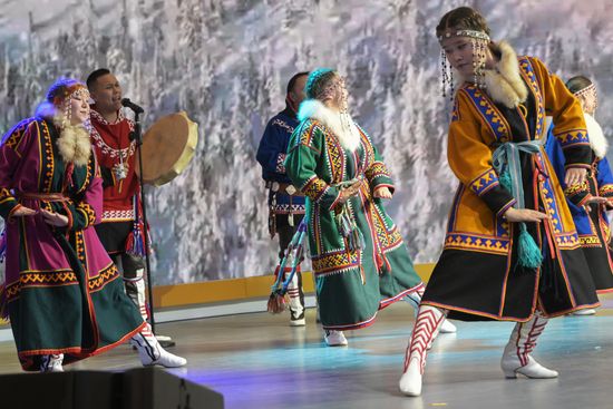 The RUSSIA EXPO International Exhibition and Forum. Pavilion No.75, cultural projects zone. The Ethnofashion show displays ethnic clothes, clothing of indigenous peoples of the North, made by craftswomen using traditional materials (leather, fur, cloth, beads). Location: Russia, Moscow. Author: Alexey Nikolskiy/Sputnik. RUSSIA EXPO. Yamal-Nenets Autonomous Area Day
