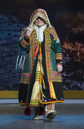 The RUSSIA EXPO International Exhibition and Forum. Pavilion No.75, cultural projects zone. The Ethnofashion show displays ethnic clothes, clothing of indigenous peoples of the North, made by craftswomen using traditional materials (leather, fur, cloth, beads). Location: Russia, Moscow. Author: Alexey Nikolskiy/Sputnik. RUSSIA EXPO. Yamal-Nenets Autonomous Area Day