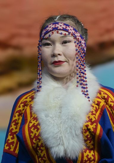The RUSSIA EXPO International Exhibition and Forum. Pavilion No.75, cultural projects zone. The Ethnofashion show displays ethnic clothes, clothing of indigenous peoples of the North, made by craftswomen using traditional materials (leather, fur, cloth, beads). Location: Russia, Moscow. Author: Alexey Nikolskiy/Sputnik. RUSSIA EXPO. Yamal-Nenets Autonomous Area Day