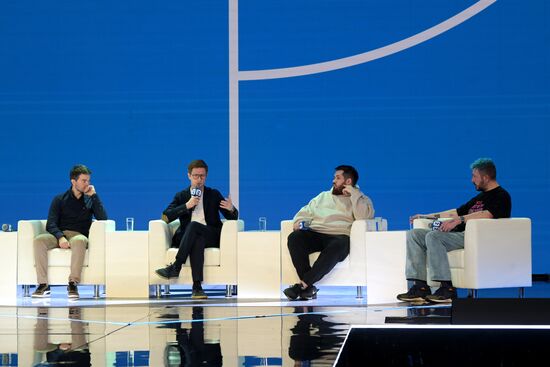 The International RUSSIA EXPO Pavilion 57 House of Knowledge. Where Technologies Meet: VK-day, from left: Sergei Tomilov, Content Director, Odnoklassniki social network, VK Maxim Iksanov, CEO, News Media holding, Timur Takhautdinov, Director of Development, Digital 42 agency, Artemiy Lebedev, designer, VKontakte Design Director. Location: Russia, Moscow. Author: Alexey Nikolskiy/Sputnik. RUSSIA EXPO. Where Technologies Meet. VK-day