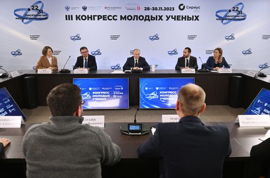 Russian President Vladimir Putin attends a meeting with participants of the 3rd Young Scientists Congress at the Sirius Park of Science and Art in Krasnodar region, Russia. Location: Russia, Federal territory 'Sirius'. Author: Kirill Zykov. Russia Putin Young Scientists Congress