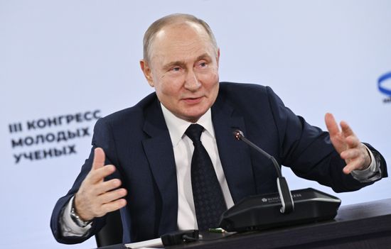 Russian President Vladimir Putin attends a meeting with participants of the 3rd Young Scientists Congress at the Sirius Park of Science and Art in Krasnodar region, Russia. Location: Russia, Federal territory 'Sirius'. Author: Kirill Zykov. Russia Putin Young Scientists Congress