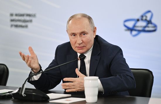 Russian President Vladimir Putin attends a meeting with participants of the 3rd Young Scientists Congress at the Sirius Park of Science and Art in Krasnodar region, Russia. Location: Russia, Federal territory 'Sirius'. Author: Kirill Zykov. Russia Putin Young Scientists Congress