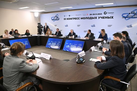 Russian President Vladimir Putin attends a meeting with participants of the 3rd Young Scientists Congress at the Sirius Park of Science and Art in Krasnodar region, Russia. Location: Russia, Federal territory 'Sirius'. Author: Kirill Zykov. Russia Putin Young Scientists Congress