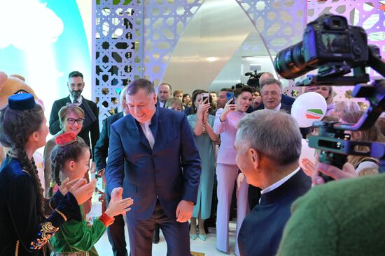 The International RUSSIA EXPO forum and exhibition. The opening of Day of the Region - the presentation of the Republic of Tatarstan at Pavilion 75. Left-center: Rustam Minnikhanov, Head of the Republic of Tatarstan. Right: Marat Khusnullin, Russian Deputy Prime Minister. Location: Russia, Moscow. Author: Evgeny Biyatov/Sputnik. RUSSIA EXPO. Day of the Region - Republic of Tatarstan