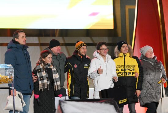 The International RUSSIA EXPO exhibition and forum. The Lada Granta Dream Car Lottery from Rosneft Co. and the Lada Sport Rosneft Racing Team on the Main Street Stage. Location: Russia, Moscow. Author: Maksim Blinov/Sputnik. RUSSIA EXPO. Lada Granta Dream Car Lottery from Rosneft Co. and Lada Sport Rosneft Racing Team