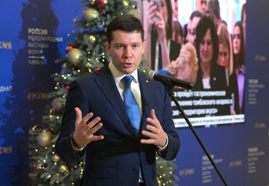 The RUSSIA EXPO International Exhibition and Forum. Kaliningrad Region Day. Press scrum. Kaliningrad Region Governor Anton Alikhanov. Location: Russia, Moscow. Author: Alexey Nikolskiy/Sputnik. RUSSIA EXPO. Kaliningrad Region Day