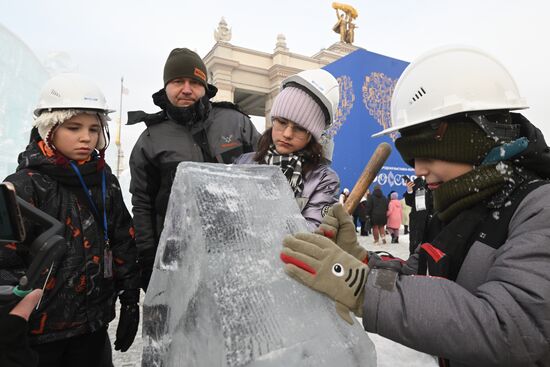 The International RUSSIA EXPO Forum and Exhibition. Ice Sculpture Festival. Ice sculpting workshop for children. Location: Russia, Moscow. Author: Kirill Kallinikov/Sputnik. RUSSIA EXPO. Ice Sculpture Festival