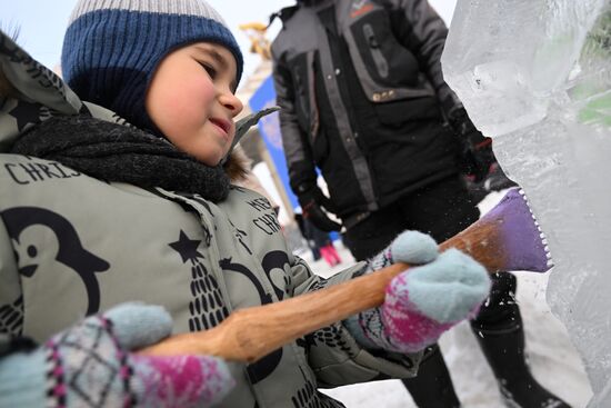 The International RUSSIA EXPO Forum and Exhibition. Ice Sculpture Festival. Ice sculpting workshop for children. Location: Russia, Moscow. Author: Kirill Kallinikov/Sputnik. RUSSIA EXPO. Ice Sculpture Festival