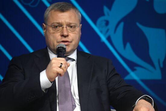 The International RUSSIA EXPO Exhibition and Forum. Plenary session, Key Achievements and Results in Transport Industry, at pavilion No.75. Governor of the Astrakhan Region Igor Babushkin. Location: Russia, Moscow. Author: Mikhail Voskresenskiy/Sputnik. RUSSIA EXPO. Plenary session, Key Achievements and Results in Transport Industry