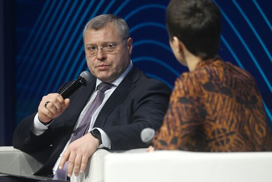 The International RUSSIA EXPO Exhibition and Forum. Plenary session, Key Achievements and Results in Transport Industry, at pavilion No.75. Governor of the Astrakhan Region Igor Babushkin. Location: Russia, Moscow. Author: Mikhail Voskresenskiy/Sputnik. RUSSIA EXPO. Plenary session, Key Achievements and Results in Transport Industry