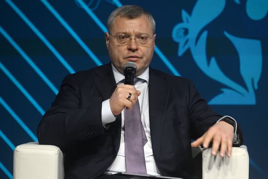 The International RUSSIA EXPO Exhibition and Forum. Plenary session, Key Achievements and Results in Transport Industry, at pavilion No.75. Governor of the Astrakhan Region Igor Babushkin. Location: Russia, Moscow. Author: Mikhail Voskresenskiy/Sputnik. RUSSIA EXPO. Plenary session, Key Achievements and Results in Transport Industry