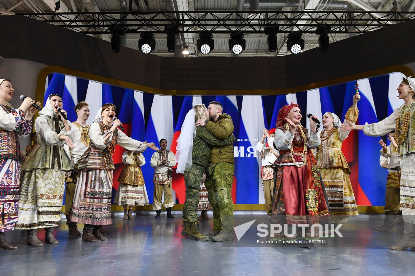 RUSSIA EXPO. Special military operation participants' marriage ceremony on anniversary of its launch