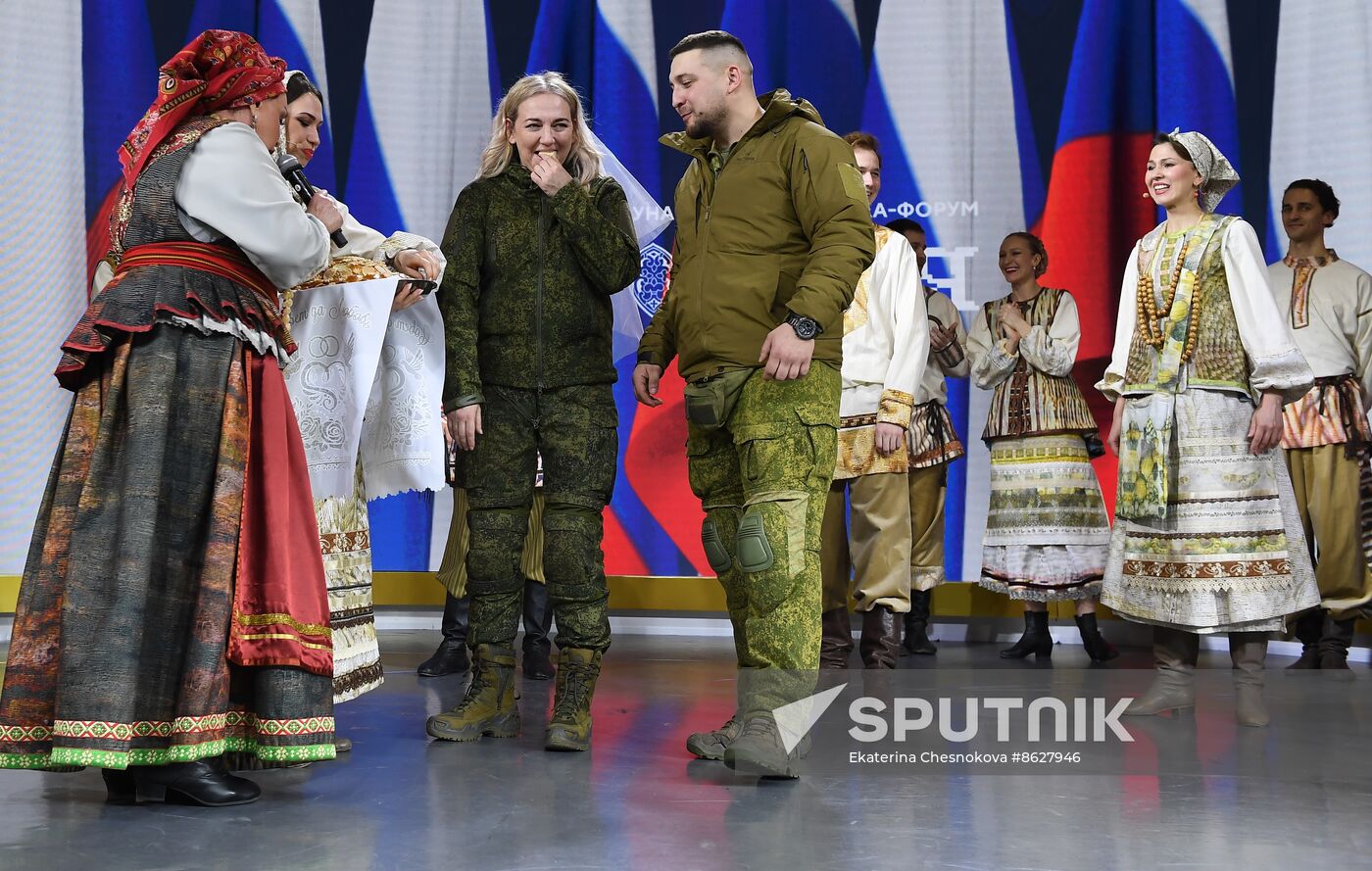 RUSSIA EXPO. Special military operation participants' marriage ceremony on anniversary of its launch