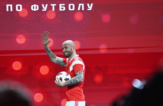 The International RUSSIA EXPO Forum and Exhibition. Presentation of the Russian national football team's new uniform. Fyodor Kudryashov, former member of the Russian national football team. Location: Russia, Moscow. Author: Alexey Maishev/Sputnik. RUSSIA EXPO. Presentation of the Russian national football team's new uniform