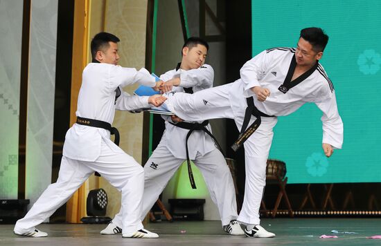 RUSSIA EXPO. Show program of Khanyl Korean drum Sakhalin ensemble of Korean drummers with Tornado taekwondo sports club's demonstration program