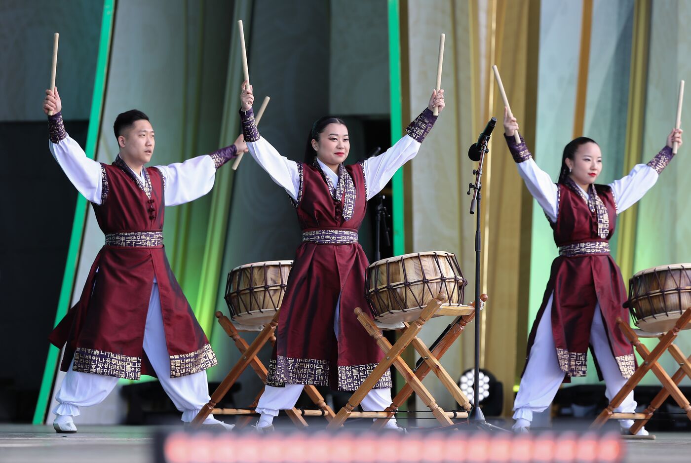 RUSSIA EXPO. Show program of Khanyl Korean drum Sakhalin ensemble of Korean drummers with Tornado taekwondo sports club's demonstration program