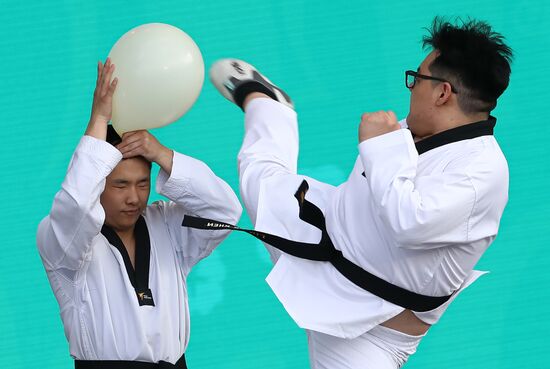 RUSSIA EXPO. Show program of Khanyl Korean drum Sakhalin ensemble of Korean drummers with Tornado taekwondo sports club's demonstration program