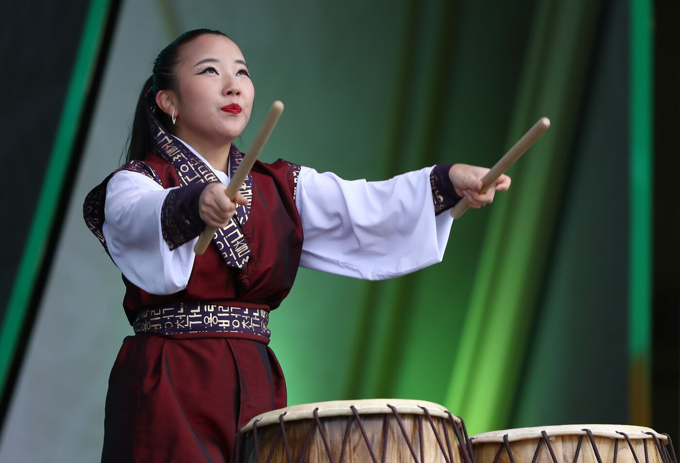 RUSSIA EXPO. Show program of Khanyl Korean drum Sakhalin ensemble of Korean drummers with Tornado taekwondo sports club's demonstration program