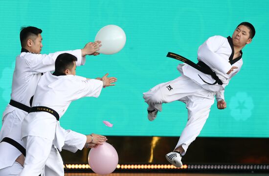 RUSSIA EXPO. Show program of Khanyl Korean drum Sakhalin ensemble of Korean drummers with Tornado taekwondo sports club's demonstration program