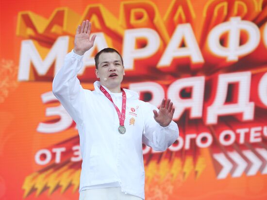 RUSSIA EXPO. Boxer Fyodor Chudinov, Russian Master of Sports, conducts training session