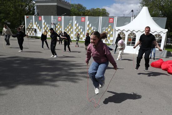 RUSSIA EXPO. Exercise with Yury Danilchenko, winner of the Russian Rope Skipping Cup, at the Sport Russia area