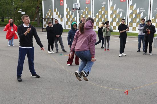 RUSSIA EXPO. Exercise with Yury Danilchenko, winner of the Russian Rope Skipping Cup, at the Sport Russia area