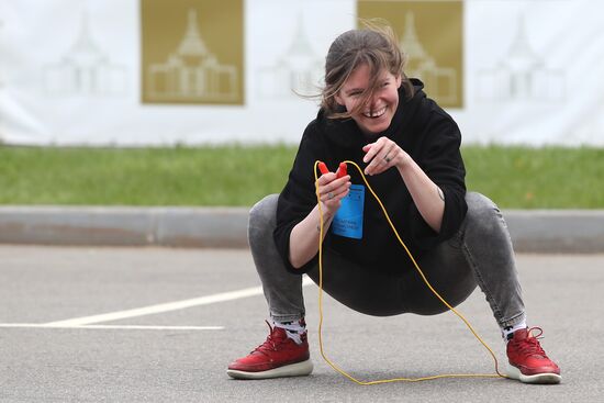 RUSSIA EXPO. Exercise with Yury Danilchenko, winner of the Russian Rope Skipping Cup, at the Sport Russia area