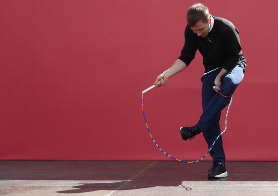 RUSSIA EXPO. Exercise with Yury Danilchenko, winner of the Russian Rope Skipping Cup, at the Sport Russia area