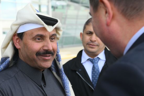 Welcoming ceremony for participants of the Russia - Islamic World: KAZANFORUM 2024 International Economic Forum at Kazan airport. Left: Sheikh Suhaim bin Ahmed bin Sultan bin Jassim Al Thani, member of the ruling family of the State of Qatar. Photos can be used on terms listed in the media-bank's Forum section. Location: Russia, Republic of Tatarstan, Kazan. Author: Kirill Zykov/Sputnik. KAZANFORUM 2024. Arrival of forum participants