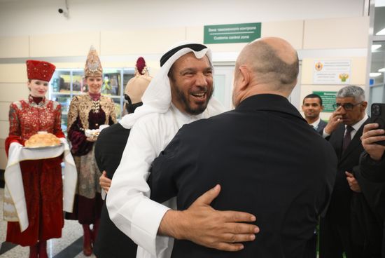 The ceremony to greet participants in the Russia – Islamic World: KAZANFORUM 2024 international economic forum at Kazan's airport. Center left: Abdullah Al Matouq, Advisor to Emir of Kuwait and Chairman of the International Islamic Charitable Organization. Photos can be used on terms specified in the mediabank's Forum section. Location: Russia, Republic of Tatarstan, Kazan. Author: Alexandr Kryazhev/Sputnik. KAZANFORUM 2024. Arrival of forum participants