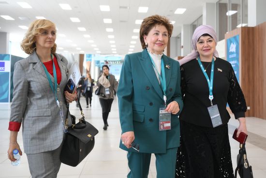 The KAZANFORUM 2024: Russia – Islamic World. Third left: Galina Karelova, Chair of the Council of the Eurasian Women's Forum under the Federation Council. Photos can be used on terms listed in the media-bank's Forum section. Location: Russia, Republic of Tatarstan, Kazan. Author: Pavel Bednyakov/Sputnik. Russia – Islamic World: KAZANFORUM 2024