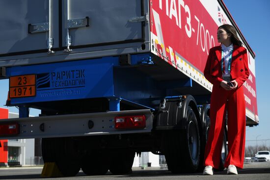 The KAZANFORUM 2024: Russia – Islamic World. Third left: The exhibition of equipment in front of Kazan EXPO pavilions. Photos can be used on terms listed in the media-bank's Forum section. Location: Russia, Republic of Tatarstan, Kazan. Author: Alexandr Kryazhev/Sputnik. Russia – Islamic World: KAZANFORUM 2024