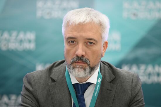 KAZANFORUM 2024. Plenary session, Humanitarian diplomacy and diplomacy of new spheres. Yevgeniy Primakov, Head of the Federal Agency for the Commonwealth of Independent States, Compatriots Living Abroad, and International Humanitarian Cooperation (Rossotrudnichestvo). Images can be used under terms set out in the Kazanforum section of the Media Bank. Location: Russia, Republic of Tatarstan, Kazan. Author: Vladimir Astapkovich/Sputnik. KAZANFORUM 2024. Plenary session, Humanitarian diplomacy and diplomacy of new spheres