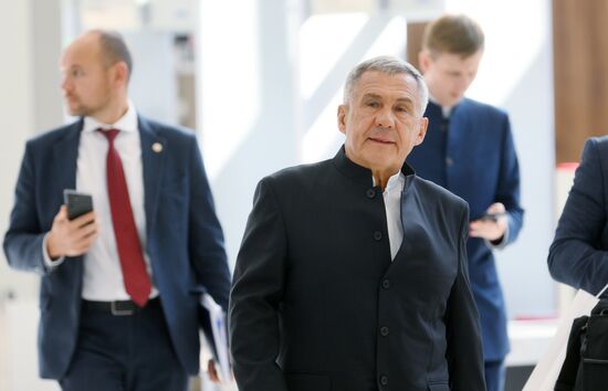 The KAZANFORUM 2024: Russia – Islamic World. From left: Rustam Minnikhanov, Head of the Republic of Tatarstan, Chairman of the Russia Islamic World strategic vision group. Photos can be used on terms listed in the media-bank's Forum section. Location: Russia, Republic of Tatarstan, Kazan. Author: Kristina Kormilitsyna/Sputnik. Russia – Islamic World: KAZANFORUM 2024