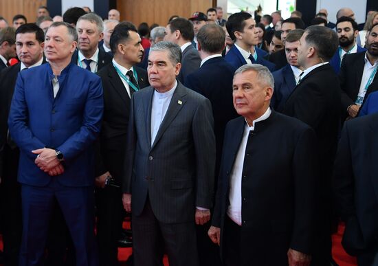 The KAZANFORUM 2024: Russia – Islamic World. From left: Marat Khusnullin, Deputy Prime Minister of the Russian Federation, Chairman of the Organizing Committee for the preparation and holding of the International Economic Forum Russia Islamic World: KazanForum, Gurbanguly Berdimuhamedov, Chairman of the People's Council of the National Assembly of Turkmenistan, and Rustam Minnikhanov, Head of the Republic of Tatarstan, Chairman of the Russia Islamic World strategic vision group. Photos can be used on terms listed in the media-bank's Forum section. Location: Russia, Republic of Tatarstan, Kazan. Author: Oleg Kazanzev/Sputnik. Russia – Islamic World: KAZANFORUM 2024