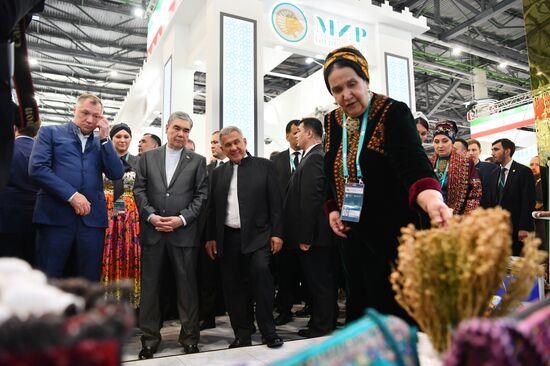 The KAZANFORUM 2024: Russia – Islamic World. From left: Marat Khusnullin, Deputy Prime Minister of the Russian Federation, Chairman of the Organizing Committee for the preparation and holding of the International Economic Forum Russia Islamic World: KazanForum, Gurbanguly Berdimuhamedov, Chairman of the People's Council of the National Assembly of Turkmenistan, and Rustam Minnikhanov, Head of the Republic of Tatarstan, Chairman of the Russia Islamic World strategic vision group. Photos can be used on terms listed in the media-bank's Forum section. Location: Russia, Republic of Tatarstan, Kazan. Author: Oleg Kazanzev/Sputnik. Russia – Islamic World: KAZANFORUM 2024