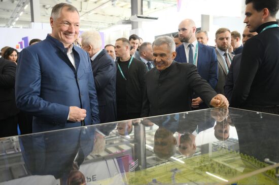 The KAZANFORUM 2024: Russia – Islamic World. From left: Marat Khusnullin, Deputy Prime Minister of the Russian Federation, Chairman of the Organizing Committee for the preparation and holding of the International Economic Forum Russia Islamic World: KazanForum, and Rustam Minnikhanov, Head of the Republic of Tatarstan, Chairman of the Russia Islamic World strategic vision group. Photos can be used on terms listed in the media-bank's Forum section. Location: Russia, Republic of Tatarstan, Kazan. Author: Alexandr Kryazhev/Sputnik. Russia – Islamic World: KAZANFORUM 2024