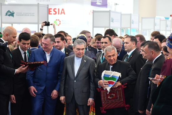 The KAZANFORUM 2024: Russia – Islamic World. From left, center: Marat Khusnullin, Deputy Prime Minister of the Russian Federation, Chairman of the Organizing Committee for the preparation and holding of the International Economic Forum Russia Islamic World: KazanForum, Gurbanguly Berdimuhamedov, Chairman of the People's Council of the National Assembly of Turkmenistan, and Rustam Minnikhanov, Head of the Republic of Tatarstan, Chairman of the Russia Islamic World strategic vision group. Photos can be used on terms listed in the media-bank's Forum section. Location: Russia, Republic of Tatarstan, Kazan. Author: Oleg Kazanzev/Sputnik. Russia – Islamic World: KAZANFORUM 2024