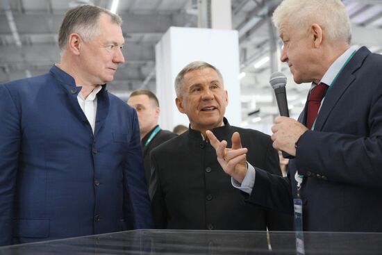 The KAZANFORUM 2024: Russia – Islamic World. From left: Marat Khusnullin, Deputy Prime Minister of the Russian Federation, Chairman of the Organizing Committee for the preparation and holding of the International Economic Forum Russia Islamic World: KazanForum, and Rustam Minnikhanov, Head of the Republic of Tatarstan, Chairman of the Russia Islamic World strategic vision group. Photos can be used on terms listed in the media-bank's Forum section. Location: Russia, Republic of Tatarstan, Kazan. Author: Alexandr Kryazhev/Sputnik. Russia – Islamic World: KAZANFORUM 2024